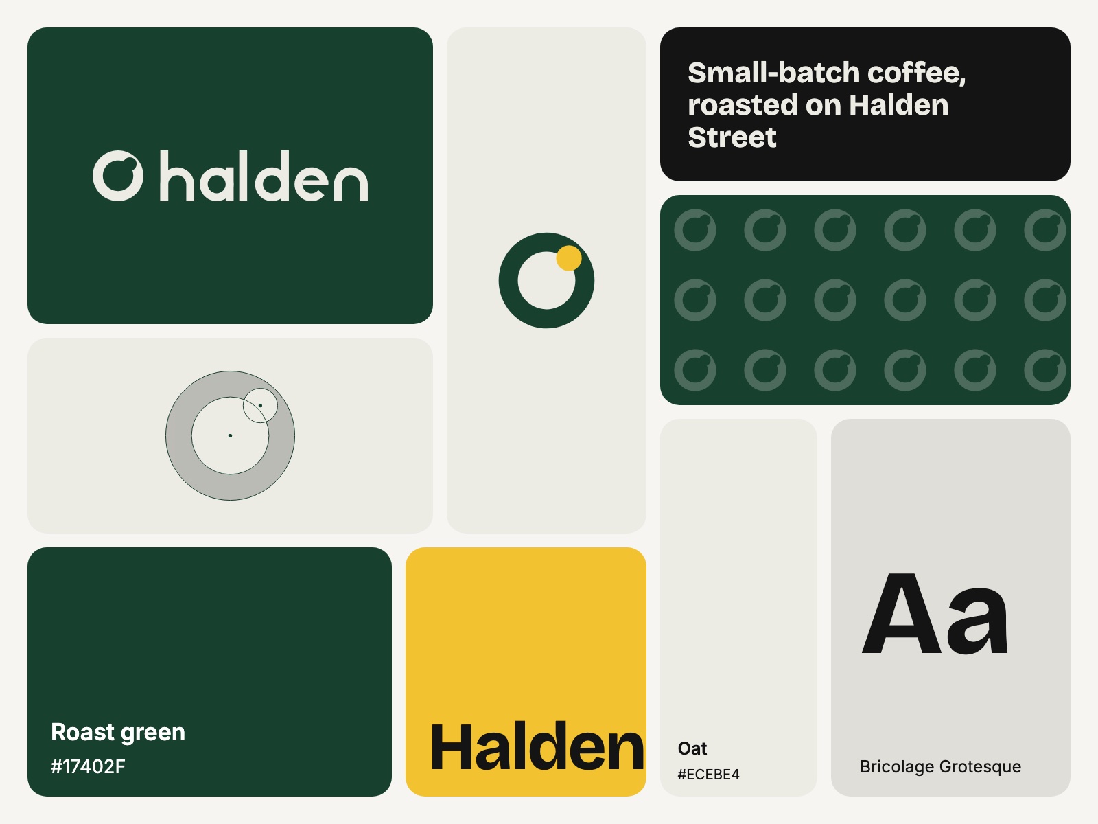 Bento board of logo, colour, type and pattern tiles